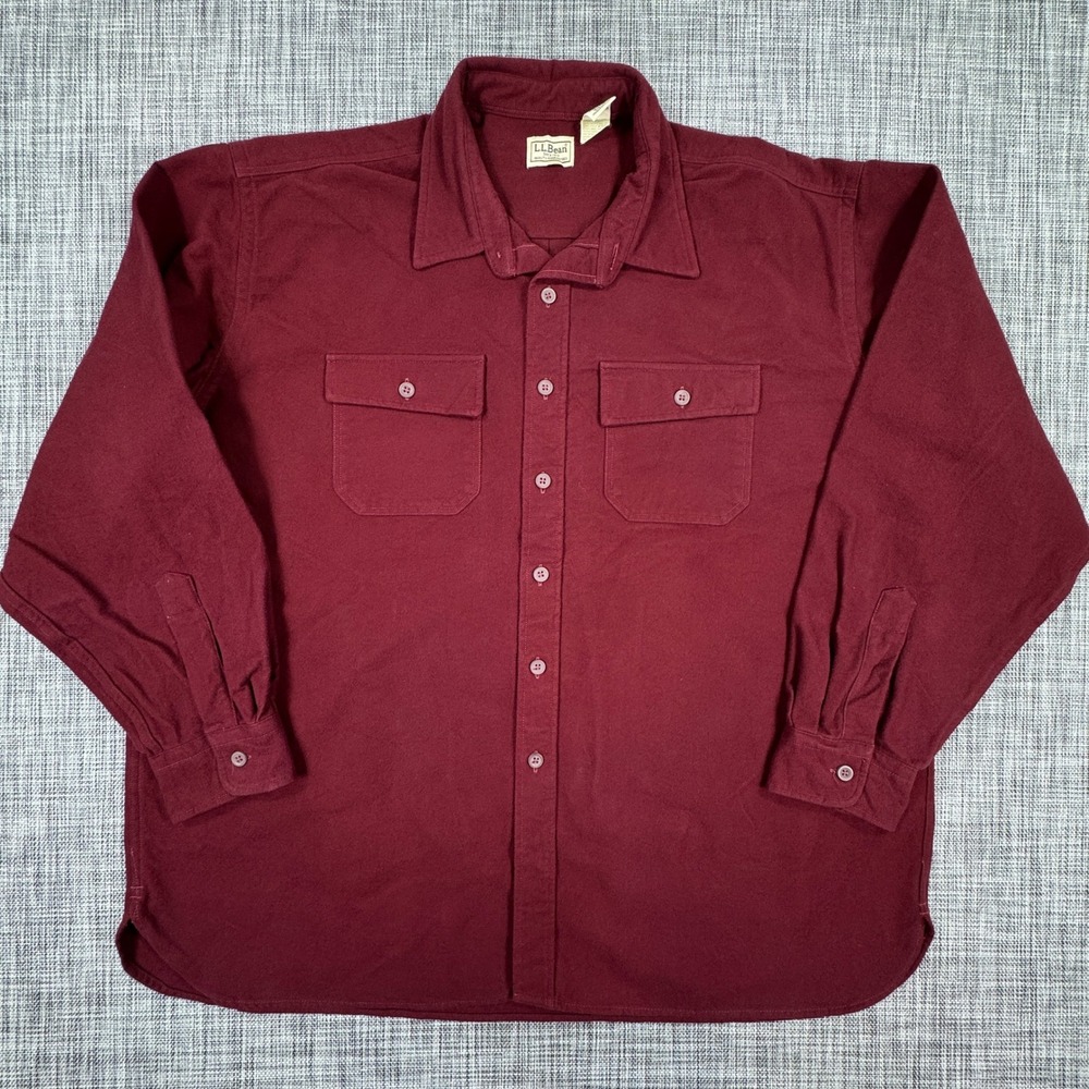 LL Bean Mens XXL Chamois Shirt Burgundy Heavy Cotton Flannel Long Sleeve Pockets